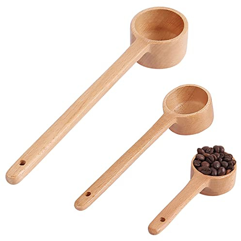 UPTALY Messlöffel aus Holz, 3er Set (60 ml/40 ml/30 ml), 27 cm Kaffeebohnen Schaufel, Kaffeelöffel mit langem Griff, verlängerter Griffmessung, Teelöffel, Buchenholzlöffel für tiefe Gläser