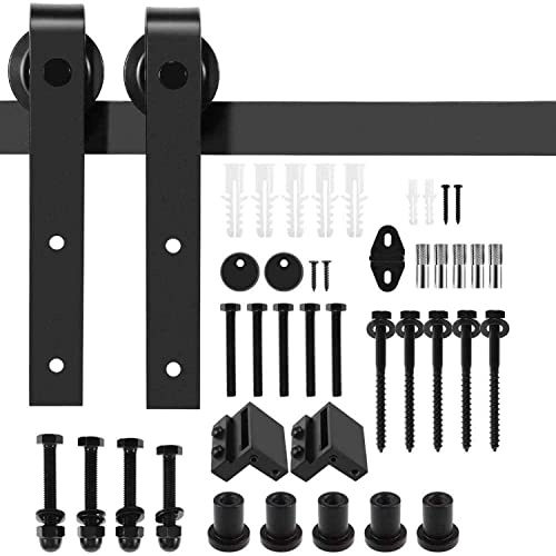 Sliding Barn Door Hardware Kit, Heavy Duty Carbon Steel J-Shape Hangers, Smooth & Quiet Rolling Track Rail System for Single Wooden Door, Fits 35-45mm Thickness, Matte Black(Black, 6FT)