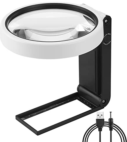 Xnourney Large 4.35in Magnifying Glass 10X 30X with Light and Stand | Handheld Standing LED Illuminated Magnifier, Folding Reading for Seniors Read, Cross Stitch, Map, Jewelry