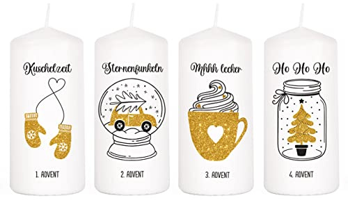 Herz & Heim® Kerzen Set mit winterlichen Motiven als Adventskranz/mit Wunschtexten personalisiert