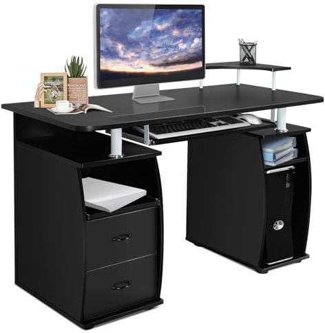 LIFEZEAL Computertisch mit Tastaturauszug und Druckerablage, Bürotisch Schreibtisch mit Schubladen und Stauraum, 120x55x85cm PC Tisch für Homeoffice Arbeitszimmer Büro (Schwarz)