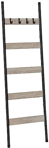 HOOBRO Blanket Ladder, 5-Tier Towel Rack with Hooks, Wall-Leaning Blanket Rack, Decorative Display Ladder Shelf, Scarves, Industrial, Living Room, Bedroom, Greige and Black BG52CJ01