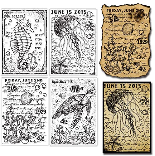 GLOBLELAND Sea World Klare Stempel Für Die Kartenherstellung Dekorative Seepferdchen Muschel Meeresschildkröten Quallen Transparente Silikonstempel Für DIY Scrapbooking Zubehör Prägung Papier Karte
