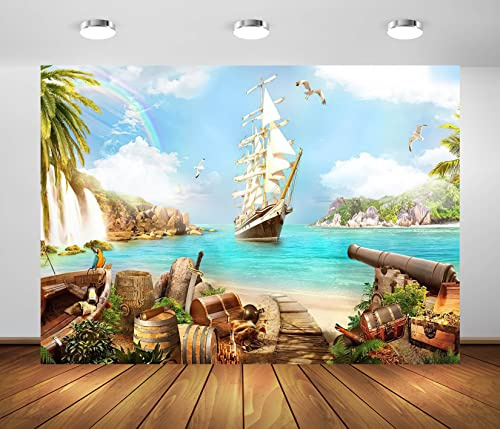 BELECO 2.5x1.8m Stoff Strand Insel Piraten Thema Hintergrund Piratenschiff Schatzkisten Fässer Papagei Ozean Segelboot Berg Wasserfälle Piraten Hintergrund Piraten Thema Party Dekorationen