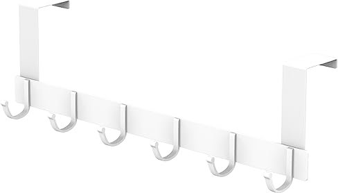 Nutabevr Türhaken mit 6 Haken,Türgarderobe zum Einhängen Ohne Bohren mit Anti-Rutsch Pad,Türhakenleiste Weiß Aluminium,Dickere Türen(4-4.5cm) für Badezimmer,Küche, Wohnzimmer, Schlafzimmer