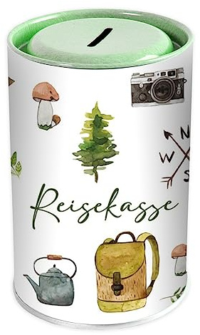Hucha de viaje, hucha de vacaciones para adultos, hucha de viaje con motivos como brújula, mochila y tienda de campaña, regalo perfecto para viajes por el mundo, cumpleaños y otras ocasiones