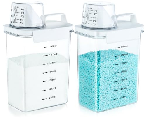 Tokokimo Lufttät tvättmedelsdispenser 1 800 ml med doseringskopp, multifunktionell tvättmedelsförvaring, lämplig för tvättpulver, tvättmedel, spannmål, 2 st vit