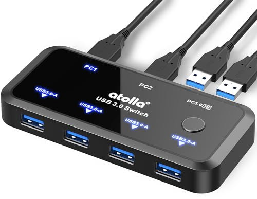 Switch USB, atolla USB Switch 2 Entrées 4 Sorties pour 2 PC, USB 3.0 Sélecteur de Commutateur avec 2 Câbles Inclus pour Clavier Souris Clé Disque Dur Externe Imprimante Scanner