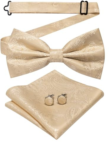 JEMYGINS Herrfluga med cashewblomdesign retrodesign med manschettknappar och näsduk, Vetefärg Matt mandelfärg, M