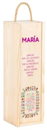 Caja de madera personalizada para regalar a maestros, docentes, profesores de guardería. Capacidad para 1 botella de vino o aceite.