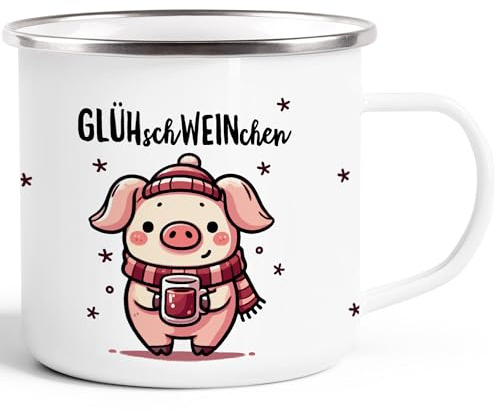 MoonWorks® Emaille-Tasse Glühwein Motiv Glüh-Schweinchen Wortspiel Emaillebecher lustig kleines Geschenk Weihnachten Emaille-weiss-silber standard
