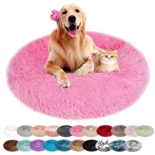 nvdsivee Hundbädd plysch rund kattbädd för inomhus katter valpbädd tvättbar lugnande hundbäddar kudde för små medelstora hundar hundmadrass med halkfri botten, rosa 120 cm