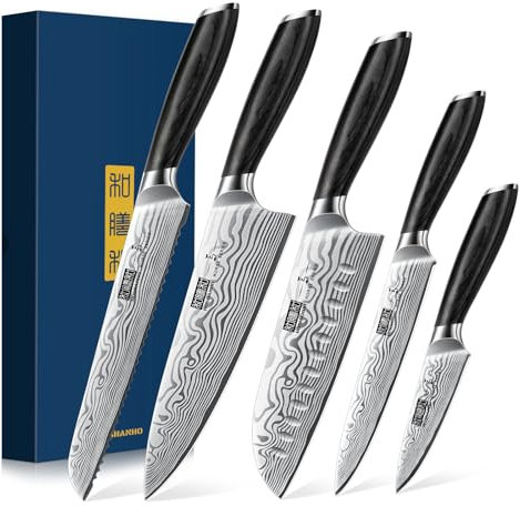 HOSHANHO 5-Teilig Messerset, Kochmesserset Professionelles Pulverstahl Chefmesser Set, Ultra Scharfes Japanisches Küchenmesserset mit Ergonomischem Pakkawood-Griff