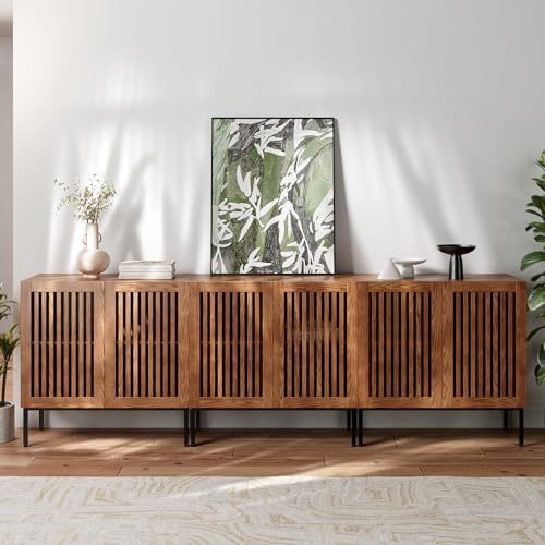 BVIUNTWO Buffet Cabinet with Storage,Set of 3 Farmhouse Console Table with Metal Base and Adjustable Shelves,Sideboard Coffee Bar Cabinet with 6 Doors for Kitchen,Dining Room,Living Room,Brown