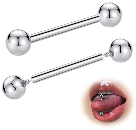 ESHIONER G23 Titane Piercing Langue Piercing Teton Percing a la Langue 14G 14mm Longueur 4mm Boule Hypoallergénique Barre Droite Barbell Bijoux Piercing Femmes Hommes 2PCS