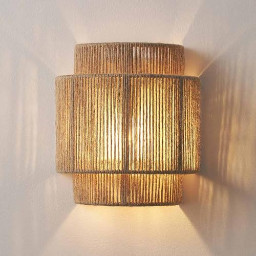 Modern Wall Light Natural Wall Sconce Hemp Rope Hand-Woven Square Rustic Farmhouse ing E27 for Kitchen Island Restaurant Stairs Hallway Living Room