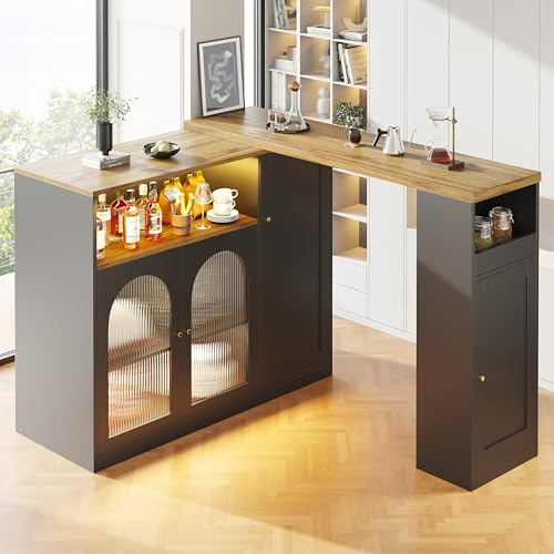SogesHome Bartisch Um 360° drehbar Buffet Schrank Weinschrank Sideboard mit Aufbewahrungsfächern, LED Leuchtung, 4 Türen, 2 Davon mit Changhong- Glas