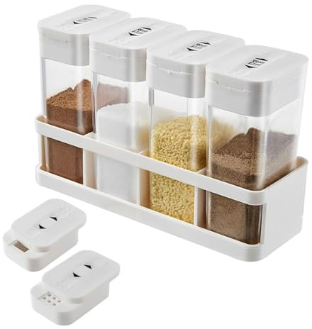 Aipeeo Saliera e pepe, 4 barattoli per spezie, saliera piccola, con portaspezie, in plastica, per viaggi, cene in famiglia, cucina