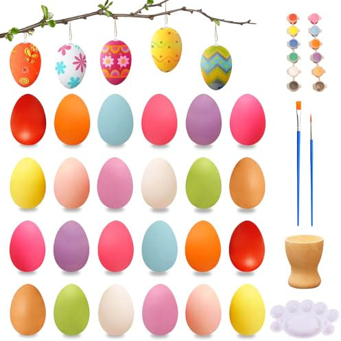 Ostereier zum Bemalen, 24 Stück Plastik Ostereier mit 12 Eierfarben, DIY Bastelset Ostern Ostereier zum Aufhängen, Kunststoff Ostereier Bemalen Farben Malset für Ostergeschenk, Ostern Deko (A)