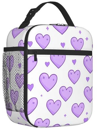 Mexpekil Lonchera térmica con diseño de corazones morados para mujeres y hombres, lonchera térmica portátil con bolsillo lateral de malla, lonchera para adultos para el trabajo