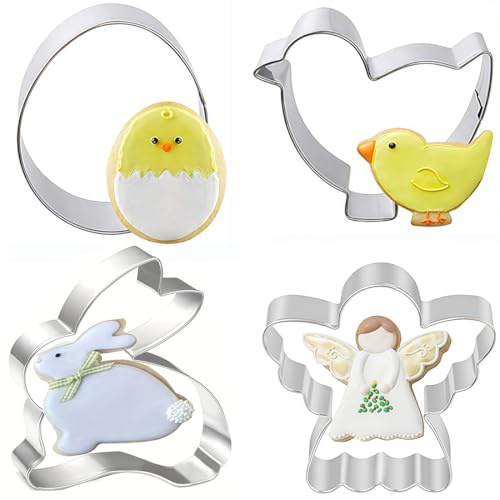 AFCJLTO 4 Pièces Emporte Piece Paques, Acier inoxydable Emporte-pièces de Pâques - Motifs: Lapin, Oeufs de Pâques, Poussin,Ange