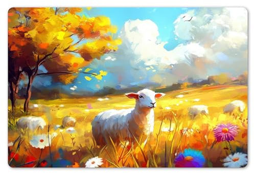 KitchenYeah© Set de 6 Manteles Individuales Plástico 45x30 cm Antimanchas y Antideslizantes Tapete Mesa Comedor Salvamantel Individual PVC Ovejas - Prado - Flores