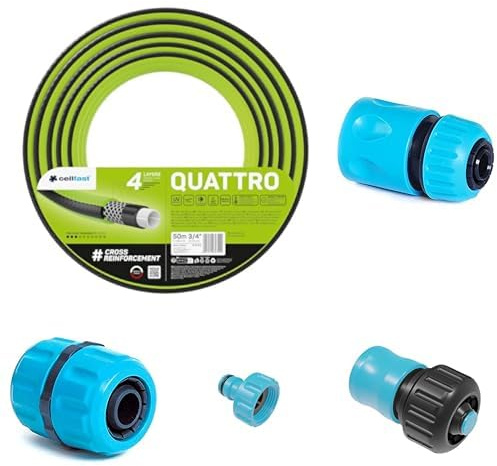 CELLFAST Gartenschlauch Set 4 Lagiger Wasserschlauch Aus Formstabilem Kreuzgewebe Für Garten Bewässerungsschlauch UV Beständig Anti Algen Flexibler Schlauch 20 Bar 3 4 Zoll 50 Meter Quattro