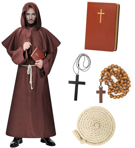 Lozzzyo Ensemble Deguisement Halloween Moine Adulte - Deguisement Halloween Homme avec Moine Cahier, Chapelet et Collier - Costume Halloween Homme Thème Médiéval (XL)
