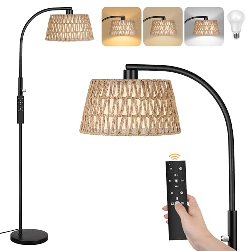 ROTTOGOON Bogen Rattan Stehlampe für Wohnzimmer 3 Farbtemperaturen Dimmbare 9W LED mit Fernbedienung Boho Landhausstil Stehleuchte für Schlafzimmer Büro Schwarz