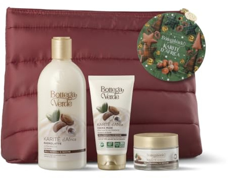 Bottega Verde - Cofanetto Regalo Karité d’Africa, con Bagnolatte 400 ml, Crema Mani 30 ml, Crema Viso 50 ml in Pochette Trapuntata, Nutriente e Ricco, Idea Regalo