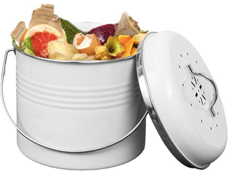 Contenedor de abono para encimera de cocina, contenedor de abono de encimera con tapa, contenedor de metal galvanizado de tamaño familiar, cesta de residuos de alimentos para interiores para restos de