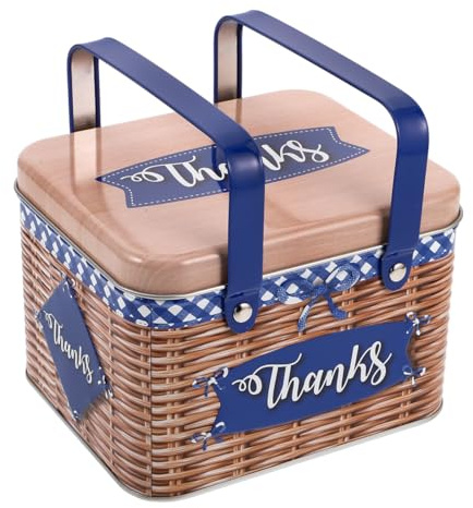 STOBAZA Biscuit Tin with Handle 6X5X4 Inch Lightweight Metal Cookie Storage Box Imitation Rattan Design Airtight Biscuit Storage Tin for Candy Snacks