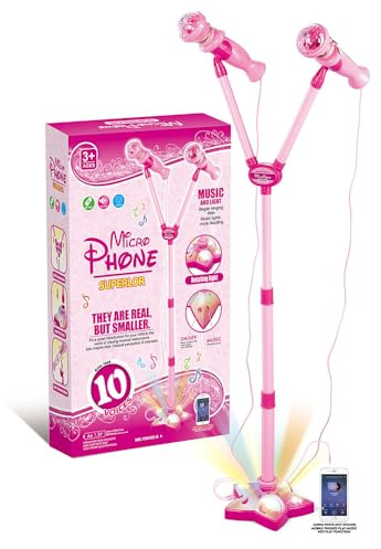 NAVESO Micrófono infantil con soporte, micrófono para niños con soporte, 2 micrófonos incluidos, micrófono de pie ajustable con función de música y luces intermitentes para niñas y niños