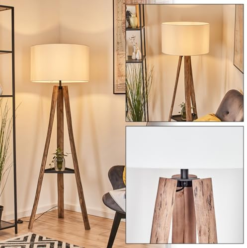 HOFSTEIN Stehleuchte Flemming, Stehlampe aus Holz/Metall im modernen Boho-Design, Schirm aus Stoff, Ø 50 cm, 150 cm, E27, mit Fußschalter und Ablagefläche - Wohnzimmer, Schlafzimmer, Esszimmer, Flur