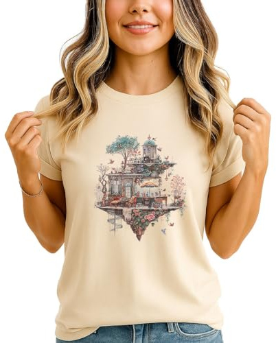 Floating Island Fantasy Womens Graphic T-Shirt Whimsical Garden Cottage Core Tee XL (18-20)