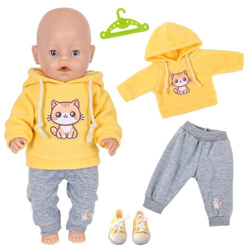 4 Stück Babypuppenkleidung für 14-18 Zoll Baby Puppen, Puppenkleidung 43cm Katzen-Hoodie Dunkelgraue Hose Schuhe Kleiderbügel Puppenzubehör für Weihnachten Geburtstagsgeschenk