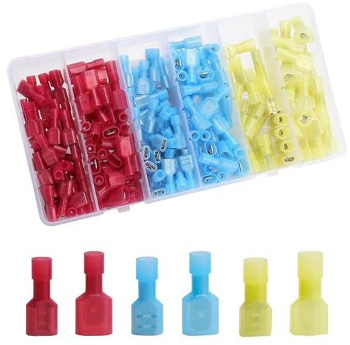 200 Pezzi Connettori Elettrici Faston,connettori per cavi Terminali Maschio/Femmina Crimpare Isolati in Nylon Rame Stagnato Kit Connettore Vanga Set Connettori per Auto Fai-da-te Impianti Domestici