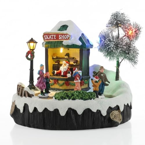 Tin Dreams | Pista de Hielo Navidad con Música, Movimiento y Luces | Escena Navideña Animada con Patinadores | Casita Iluminada para Pueblo, Villa, Aldea Navideña | Decoración Festiva Hogar