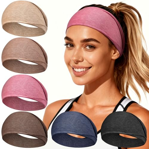 Loiluliy-pannband för kvinnor, 6 st elastiska pannband för män, tjocka pannband - breda, mjuka och halkfria håraccessoarer för sport, gym, löpning, yoga, smink och vardagsmode (Rosa)