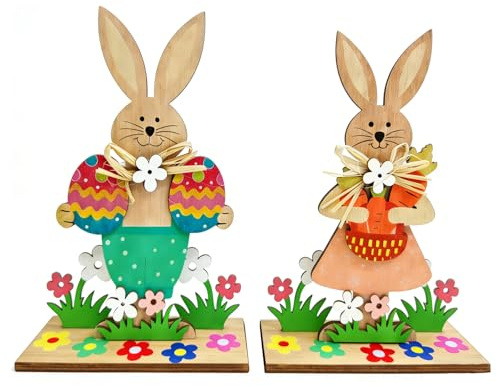 TJHDSF 2 Stück Osterhase aus Holz,Osterdeko Hasen,Osterhase Deko,Osterdeko innen,Osterhasen,Oster deko Holz,Ostern Hase Aufsteller,Osterhasen gartenstecker,für Tischdeko Gartendeko Innendeko