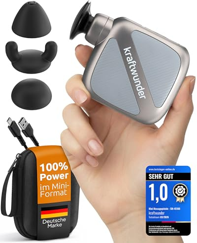 kraftwunder Mini Massagepistole - Kompakt & flüsterleise für Nacken, Rücken & Triggerpunkte - Effektive Tiefenwirkung mit 6 mm Hub, 4 Stufen, 230 g leicht, USB-C, inkl. Case & Silikonköpfe (Grau)