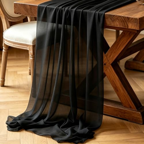 2 Stycken Chiffong Bordslöpare Svart, 77x300 cm Mode Boho Bordslöpare mjuk Bordsdekoration för Bröllop, Fest, Babyfest, Brudfest, Bord, Dop & in- och Utomhusdekoration