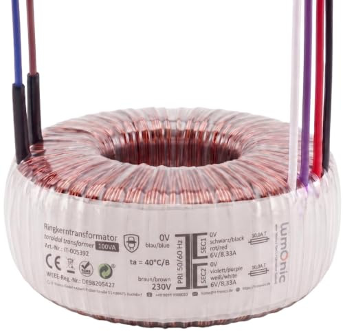 Lumonic Transformateur toroïdal 100VA 2x6V pour audio, industriels, halogènes et sur rails - 230V tension d'entrée - 12V tension secondaire - Modèle RSO-826024