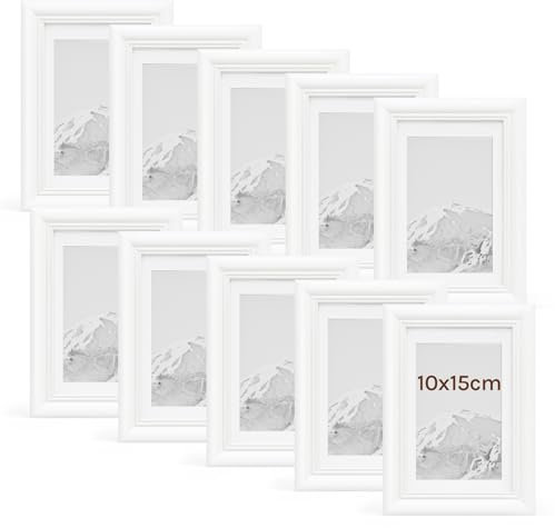 WOLTU Bilderrahmen 10x15cm 10er Set Fotorahmen Holzrahmen mit Passepartout, zum vertikalen oder horizontalen Aufhängen/Aufstellen, Posterrahmen Collage Wanddeko, Weiß