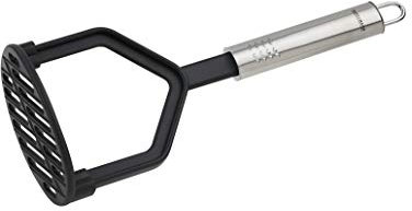 Fackelmann Kartoffelstampfer 25 cm OVALGRIFF, Kartoffelpresse für beschichtete Pfannen und Töpfe, Küchenhelfer aus hochwertigem Edelstahl und Kunststoff (Farbe: Silber/Schwarz), Menge: 1 Stück