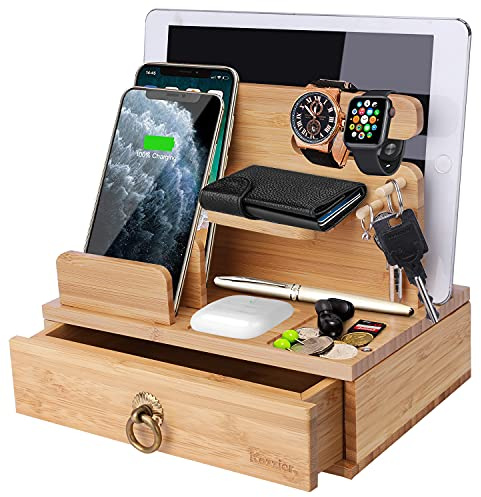 iCozzier Bambus-Telefonhalter, Schreibtisch-Dockingstation mit Schublade, Schlüssel, Geldbörse, Uhr, Holzständer, Betttisch und Schreibtischhalterungen, Tisch-Organizer (7)