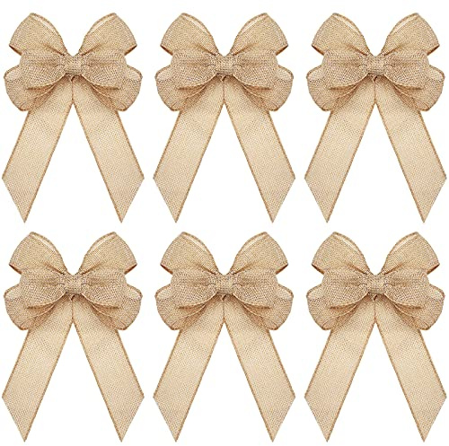 Xinnun 6 Pcs Christmas Burlap Bows Knot Handmade Ribbon Bows Natural Rustic Burlap Wreath Decorative Bowknot Ornament for Christmas Tree Wreath Craft Party Decor(Plain Style,Beige)