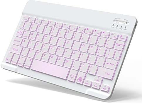 Petit clavier Bluetooth rétroéclairé portable sans fil rechargeable pour tablette Android, Samsung, téléphone portable, smartphone, iPad A16 11e et 10e génération, iPad Pro Air, Mini, iPhone, blanc
