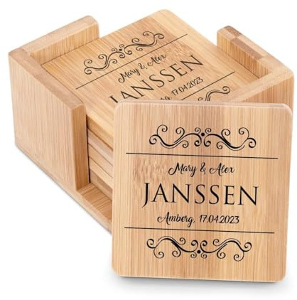 Maverton 6er Untersetzer Set mit Gravur - personalisiert - aus Bambus - mit Halter - Geschenke für Paare - Hochzeitsgeschenke - Geschenkidee für Duos - Naturfarbe - Dekor