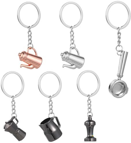 6Pcs Coffee Series Charm Keychain Sets Coffee Pitcher Pot Pendant Key Holder Miniature Novelty Keyring for New Year Christmas Lover Assorted Color, 10.5X3.3X1CM